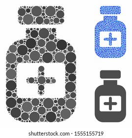 Medication phial mosaic of round dots in different sizes and color tints, based on medication phial icon. Vector round dots are united into blue collage.
