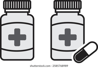 Medication pill bottle line icon. Isolated on vector pharmaceutical symbol