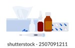 Medication - pill, capsule, ice pack, syrup, tissue box, drops. Medicine and Health care concept. Treatment, drugstore, prescription. Simplicity flat vector illustration, still life, isolated