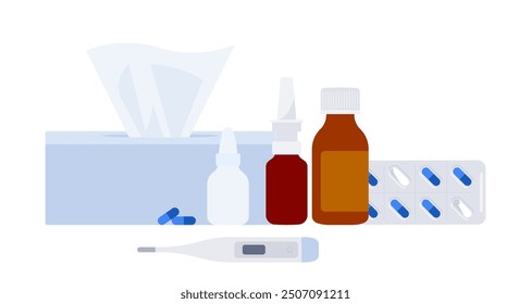 Medication - pill, capsule, ice pack, syrup, tissue box, drops. Medicine and Health care concept. Treatment, drugstore, prescription. Simplicity flat vector illustration, still life, isolated