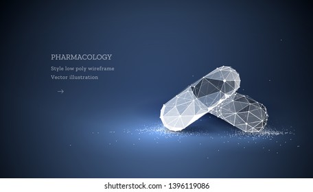 Medication or pill or capsule. Low poly wireframe style. Technology and innovation in pharmacology. Abstract illustration isolated on dark background. Particles are connected in a geometric silhouette