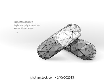 Medication or pill or capsule. Polygonal wireframe composition. Technology and innovation in pharmacology. Biologically active additives. Abstract illustration isolated on white background. 
