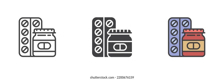 Medication pill icon. Line, glyph and filled outline colorful version, outline and filled vector sign. Symbol, logo illustration. Different style icons set. Vector graphics