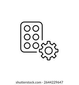 Medication, pills in blister and cogwheel. Medical system settings, healthcare management, diagnostic tool configuration, clinical workflow control, patient monitoring setup. Pixel perfect, editable s