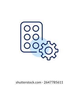 Medication, pills in blister and cogwheel. Medical system settings, healthcare management, diagnostic tool configuration, clinical workflow control, patient monitoring setup. Pixel perfect, editable s