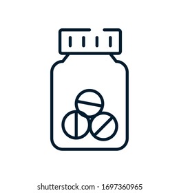 Medikationspillen Flaschensymbol auf weißem Hintergrund, Linienstil, Vektorillustration