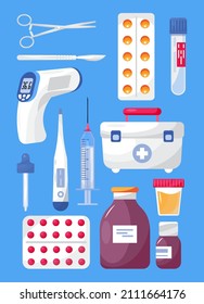 Medication, pills, set vector. Medicine icon collection. Medical tube, bottle spray, first aid bag are shown. Pharmacy shop online. 