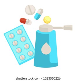 Medication prescription inhaler and pills or vitamins and medical healthcare vector flu and cold treatment tablets and capsules immune system support disease prevention cure or remedy painkiller