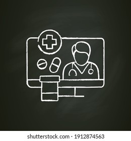Medication prescription online chalk icon. Telehealth medical care. Virtual doctors treatment. Telemedicine, online health care concept. Isolated vector illustration on chalkboard 