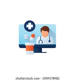 Medication prescription online flat icon. Telehealth medical care. Virtual doctors treatment. Telemedicine, online health care concept. Color vector illustration with shadow