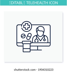 Medication Prescription Online Line Icon. Telehealth Medical Care. Virtual Doctors Treatment. Telemedicine, Online Health Care Concept. Isolated Vector Illustration. Editable Stroke 