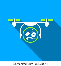Medication Quadcopter long shadow vector icon. Style is a flat light symbol with rounded angles on a blue square background.