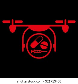 Medication Quadcopter vector icon. Style is flat symbol, red color, rounded angles, black background.