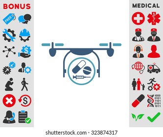 Medication Quadcopter vector icon. Style is bicolor flat symbol, cyan and blue colors, rounded angles, white background.