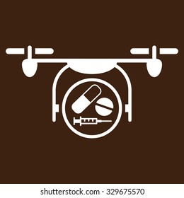 Medication Quadcopter vector icon. Style is flat symbol, white color, rounded angles, brown background.