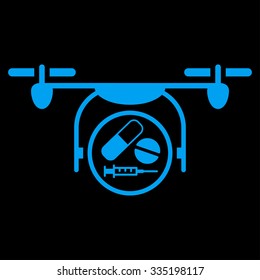 Medication Quadcopter vector icon. Style is flat symbol, blue color, rounded angles, black background.
