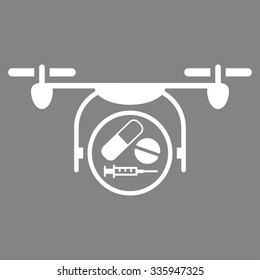 Medication Quadcopter vector icon. Style is flat symbol, white color, rounded angles, gray background.