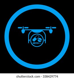Medication Quadcopter vector icon. Style is flat rounded symbol, blue color, rounded angles, black background.