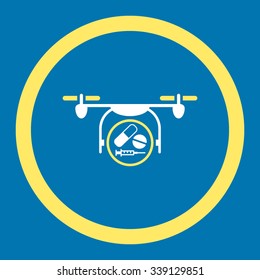 Medication Quadcopter vector icon. Style is bicolor flat rounded symbol, yellow and white colors, rounded angles, blue background.