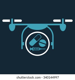 Medication Quadcopter vector icon. Style is bicolor flat symbol, blue and white colors, rounded angles, dark blue background.