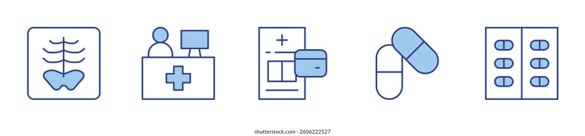 medication, reception, invoice, pills, x ray. Medical Icon vector illustration. Line Duotone style. Editable stroke.
