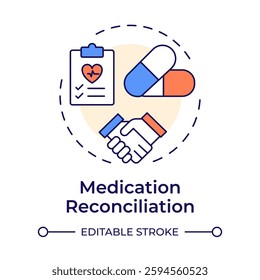 Medication reconciliation multi color concept icon. Patient pharmacy treatment list control. Care transition. Round shape line illustration. Abstract idea. Graphic design. Easy to use in brochure