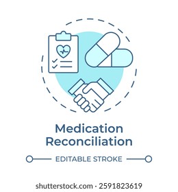 Medication reconciliation soft blue concept icon. Patient pharmacy treatment list control. Care transition. Round shape line illustration. Abstract idea. Graphic design. Easy to use in brochure