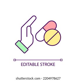 Medication refusal RGB color icon. Disposing medicines. Declining medical treatment. Negative attitude. Isolated vector illustration. Simple filled line drawing. Editable stroke. Arial font used