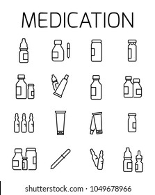 Medication related vector icon set. Well-crafted sign in thin line style with editable stroke. Vector symbols isolated on a white background. Simple pictograms.