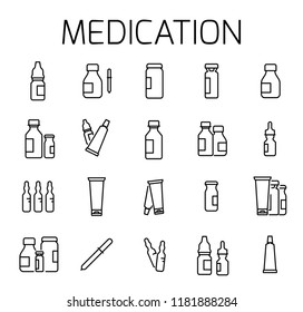 Medication related vector icon set. Well-crafted sign in thin line style with editable stroke. Vector symbols isolated on a white background. Simple pictograms.