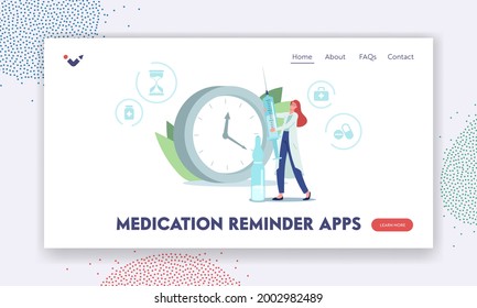 Medication Reminder App Landing Page Template. Medicament Prescription, Health Care. Tiny Doctor Character with Huge Syringe near Clock Show Time for Applying Medicine. Cartoon Vector Illustration