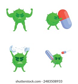 Medication resistance icons set cartoon vector. Wicked bacteria defeating drug. Threat of weak immunity