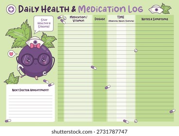 Medication Schedule and Symptom Tracker. Daily Health with Cute Kawaii Nurse Character Mascot. Printable Green Planner Page for Medicine Tracking and Doctor Appointment. Horizontal Vector illustration