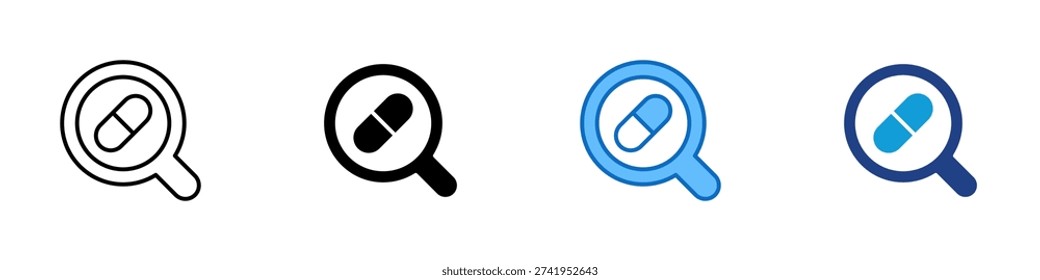 Medication Search Multiple Style Icon Design Vector - Magnifying glass with pill representing drug lookup, prescription review, and medical research