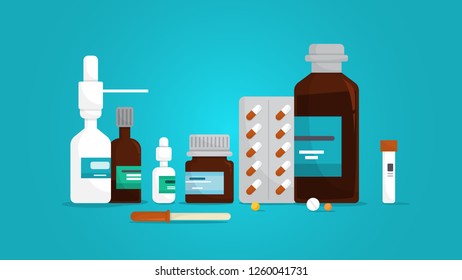 Medication set. Collection of pharmacy drug in bottle. Medicine pill for disease treatment. Drugstore concept. Flat vector illustration