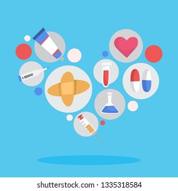 Medication set. Collection of pharmacy drug. Medicine pill for disease treatment. Drugstore concept. Flat vector illustration
