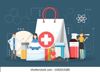 Medication set. Collection of pharmacy drug and first aid. Medicine pill for disease treatment. Drugstore concept. Flat vector illustration