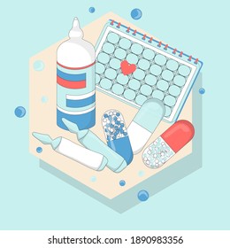 Medication set pills, medication schedule, calendar, medication, spray. Vector illustration for medical design.