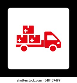 Medication Shipment vector icon. Style is flat rounded square button, red and white colors, black background.
