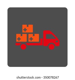 Medication Shipment vector icon. Style is flat rounded square gray button with red symbol, white background.