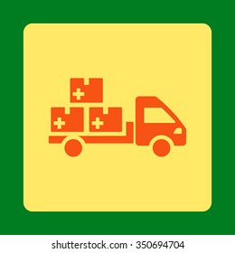 Medication Shipment vector icon. Style is flat rounded square button, orange and yellow colors, green background.