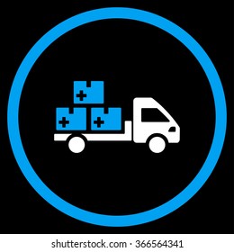 Medication Shipment vector icon. Style is bicolor flat circled symbol, blue and white colors, rounded angles, black background.
