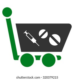 Medication Shopping Cart vector icon. Style is bicolor flat symbol, green and gray colors, rounded angles, white background.