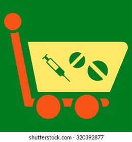 Medication Shopping Cart vector icon. Style is bicolor flat symbol, orange and yellow colors, rounded angles, green background.