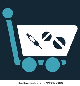 Medication Shopping Cart vector icon. Style is bicolor flat symbol, blue and white colors, rounded angles, dark blue background.