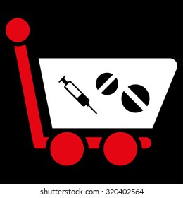 Medication Shopping Cart vector icon. Style is bicolor flat symbol, red and white colors, rounded angles, black background.