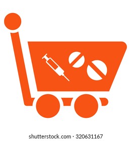 Medication Shopping Cart vector icon. Style is flat symbol, orange color, rounded angles, white background.