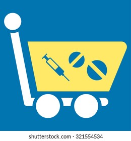 Medication Shopping Cart vector icon. Style is bicolor flat symbol, yellow and white colors, rounded angles, blue background.