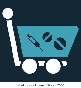 Medication Shopping Cart vector icon. Style is bicolor flat symbol, blue and white colors, rounded angles, dark blue background.