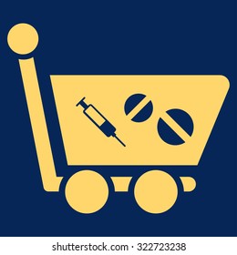 Medication Shopping Cart vector icon. Style is flat symbol, yellow color, rounded angles, blue background.